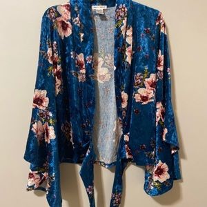 Blue velvet long sleeve wrap top